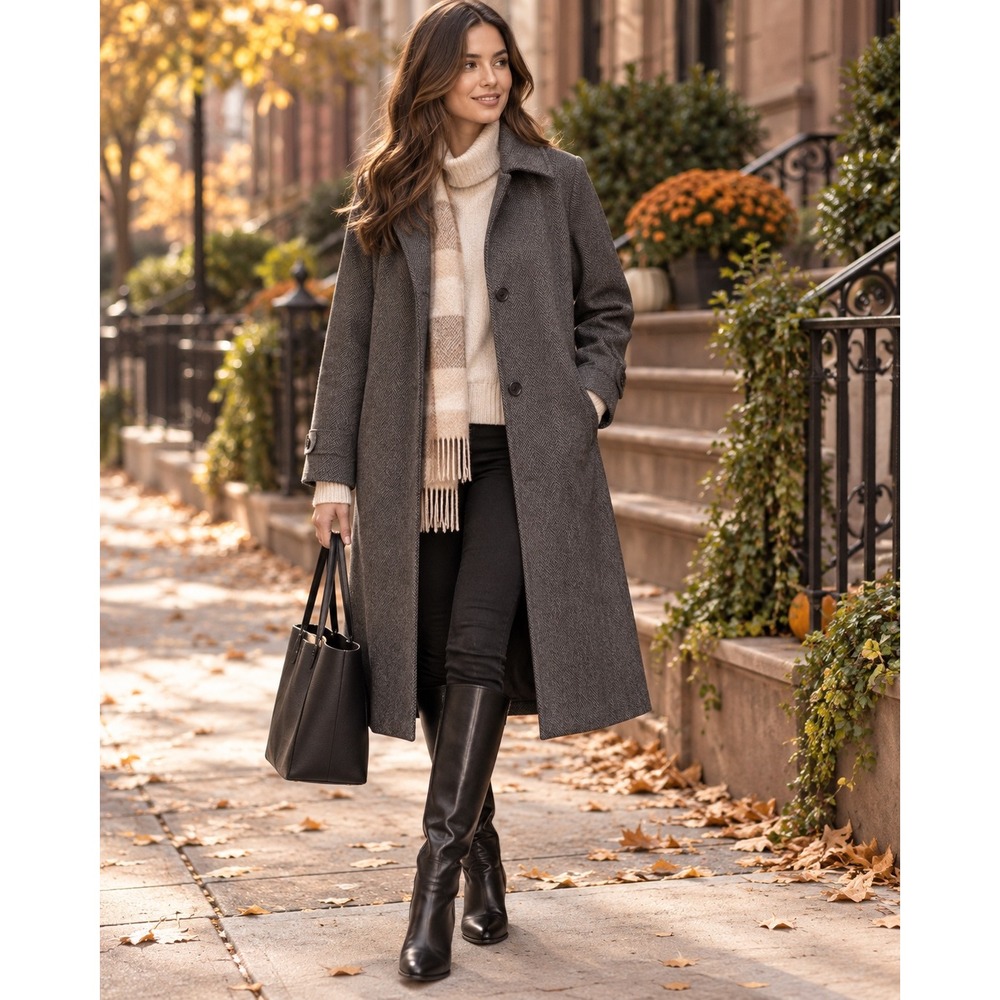 Uniqlo Herringbone Car Coat Charcoal Grey Button Front Overcoat